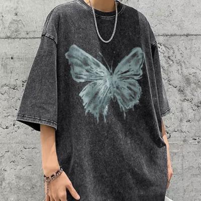 China Anti-wrinkle Butterfly Graphics Tee Shirts Men Snow Wash Wholesale Acid Washed Oversized Snow Wash T Shirt Men for sale