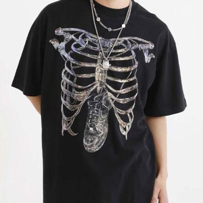 China Anti-wrinkle Fashion Design Black Skeleton Short Sleeves T Shirt Streetwear Wholesale Acid Washed Tee Shirts for sale