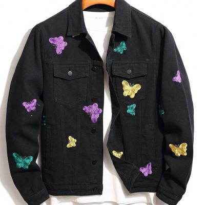 China QUICK DRY Brand New Colorful Butterfly Print Spread Collar Custom Jackets Unisex Front Pockets Black Denim Jacket for sale