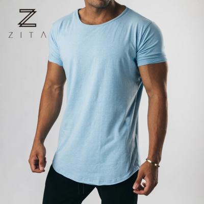 China Mens Custom Tapered T-shirt Curved Lower Neck Muscle Breathable Soft Wider Fitness Gym Clothing for sale