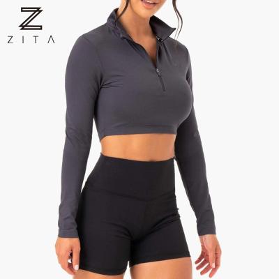 China Breathable Slim Fit 1/4 Zipper Neck Womens Long Sleeve Shirts Top Shaping Fitness Gym Cropped Top for sale