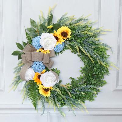 China Sunflower Silk Garland Spring Flower Door Decoration Wedding Yard Hanging Wall Wooden Wreath for sale