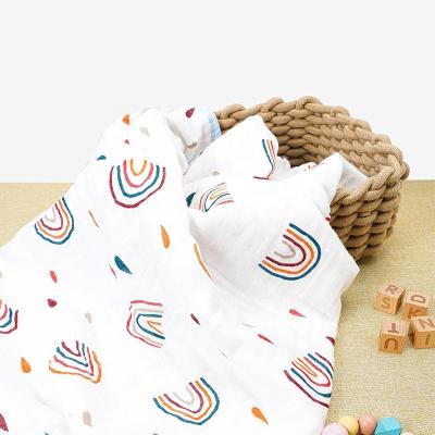 China 100% Soft Baby Gauze Muslin Fabric Cloth Wraps Summer Organic Bamboo Cotton Anti-bacteria Covers Rainbow Froal Print Baby Muslin Blanket for sale