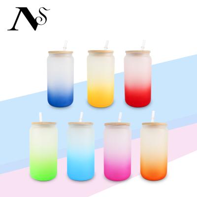 China Viable USA Warehouse Sublimation Glass Can 16oz Blank Sublimation Ombre Color Beer Glass Straight Gradient Frosted Can With Bamboo Lid for sale