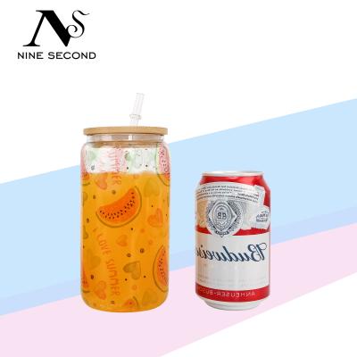 China 2022 Sublimation Viable New Arrival 12oz 16oz 20oz Empty Beer Shaped Glass Soda Can With Bamboo Lid And Glass Straw for sale