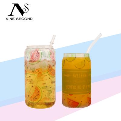 China Viable empty 12oz 16oz DIY sublimation beer glass cans with lid and straw bamboo sublimation glass canister for beer for sale