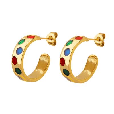 China High Quality Elegant 18K Gold Plated Stainless Steel Waterproof Jewelry Colorful Enamel C Shape Circle Earring For Girls for sale