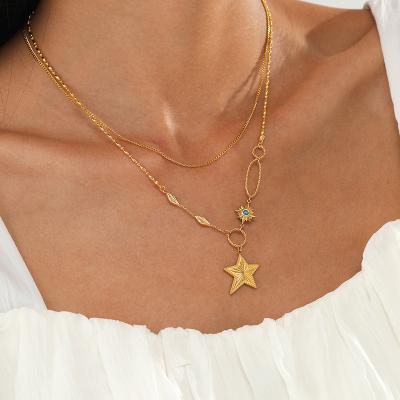 China New Design High Quality 14K Gold Plated Stainless Steel Jewelry Waterproof Double Layer Five-pointed Star Necklace for sale