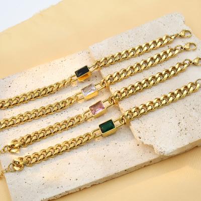 China High Quality Stainless Steel Jewelry Square Colorful Zircon Luxury Waterproof Gold Plated Chain Bracelet for sale