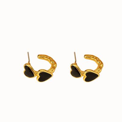 China High Quality INS Gold Plated Tarnish Free Brass Jewelry Black Enamel Heart Earring For Girls for sale