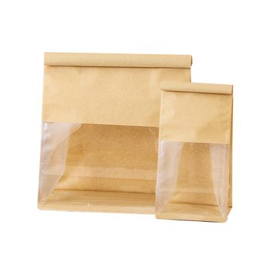 China Recyclable Eight Side Seal White Bread Loaf Bags Greaseproof Brown Kraft Paper Toast Loaf Bag With Plastic Viewing Window for sale