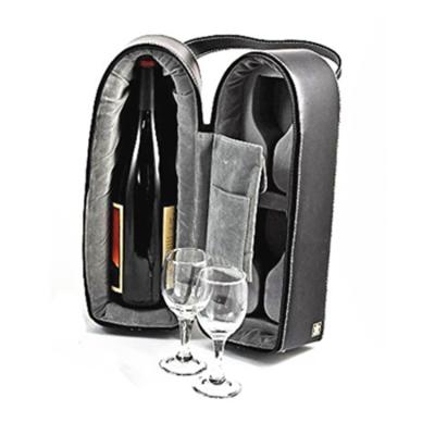 China Handmade Leather Double PU Wine Bottle Goblet Boxes And Bags Carrier With Glasses for sale