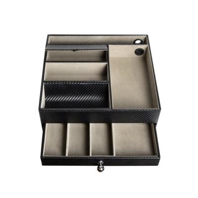 China Sustainable Carbon Fiber Leather Storage Case Valet Tray Organizer With Drawer Filler for sale