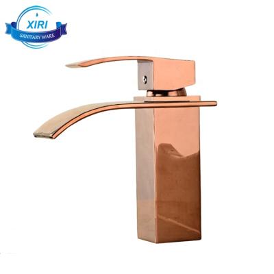 China Contemporary Modern Single Hole Deck Mount Basin Mixer Taps Rose Gold Waterfall Bathroom Sink Brass Gold Faucets RF423 for sale