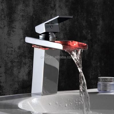 China Contemporary LED LIGHT Square Waterfall Bathroom Basin Faucet Chrome Polished Mixer Vanity XR518 for sale