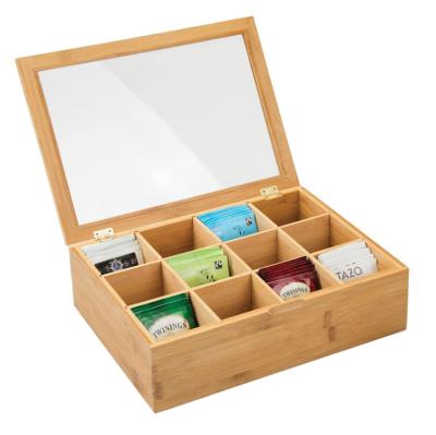 China Handmade Bamboo Tea Storage Organizer Box 8 Divided Sections Hinged Lid With Easy View Clear Window Top for sale