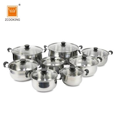 China Sustainable Stainless Steel Cookware Sets 16 Piece Kitchen Warfare Cookware Pots And Pans Set With Clear Glass Lid for sale