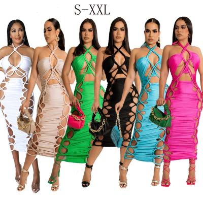 China Multicolor Sexy Hollow Party Club Bandage Solid Color Anti-wrinkle Bodycon Dress Woman Midi Dresses Long For Women for sale