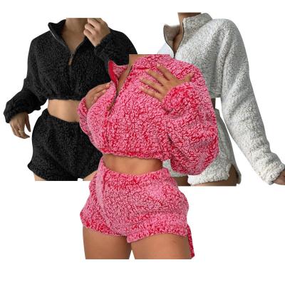 China Women Clothing Loungewear Crop Pullover Thermal Comfortable Top Zipper Sweatshirt Short Pants Set Fuzzy Two Piece Short Set for sale