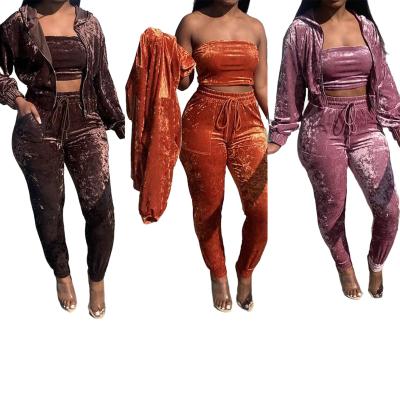 China 2021 QUICK DRY Wholesale Custom Autumn Jogging Set Velvet Sweatsuit 3 Piece Set Activewear Jogger Pants For Women Zipper Hoodie 3 Piece Sets for sale