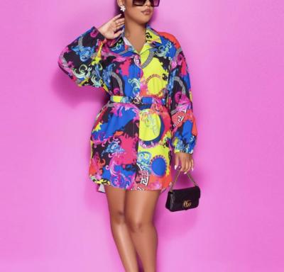 China Anti-Static Women Color-printed Casual Wear Belted Shirt Dress 2022 Best-Selling for sale