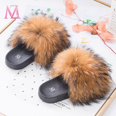 China Wholesale fashion trend baby fur color USA MZ big seller fox raccoon kids fur slides fluffy luxury custom slippers sandals for women for sale