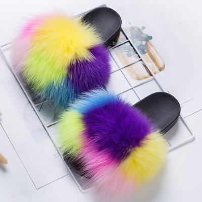 China Wholesale Fashion Trend USA Fox Raccoon Mink Hairy Fluffy Fur Slides Vendors Sandals and Fur Slippers for Women Toddler Baby Kids for sale