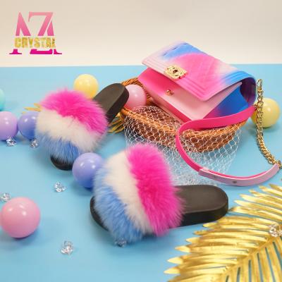 China Trend USA fashion smudge wholesale big fur slippers for women and with matching purse set jelly bag handbag sellers for sale