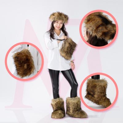 China Fashion Trend Wholesale Colorful Fake and Real Large Long Fluffy Fox Fur Boots Sets Assortment with Purse Bags Headband for Ladies Women for sale