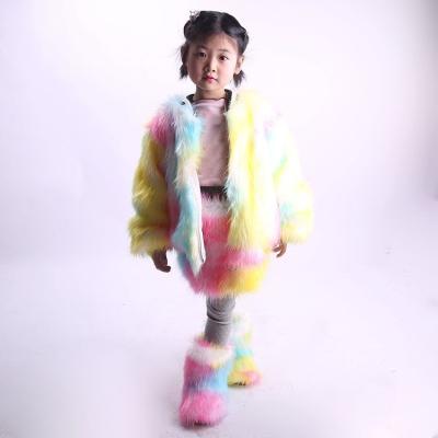 China Fashion Trend Mommy and Me Cheap Winter Kids Faux Fur Coat Jacket with Fur Striping Puff Boots Sets for Baby Toddler Infant Girls for sale