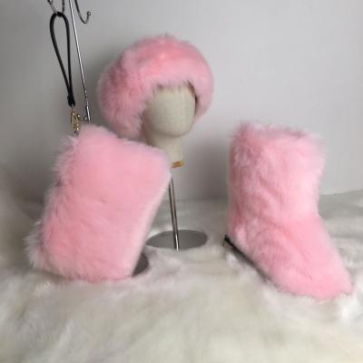 China Lovely winter fashion trend solid white color fur warm main band hat women shoes and snow boot sets combined for women and kids for sale