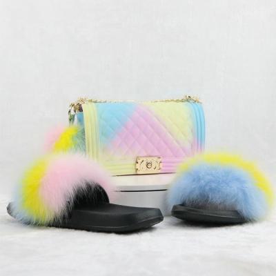 China Multicolor Anti-Slippery Fashion Fur Slides And Jelly Bag Set For Women Ladies Flat Fox Fur Real Slides Slippers Custom Made for sale