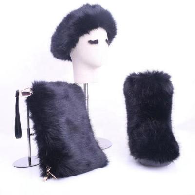 China Fashion Trend Drop Shipping Winter Faux Sheep Fox Fur Snow Boots Shoes Black Sets For Kids And Girls Women With Fur Headband Hat for sale