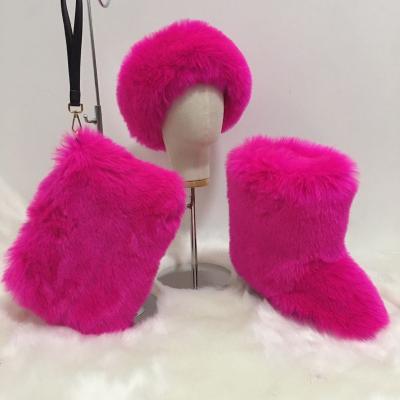 China Fashion Trend Women's Winter Ladies Faux Fur Snow Boots And Matching Bag Fur Hand Bands n Boots Set All Colors for sale