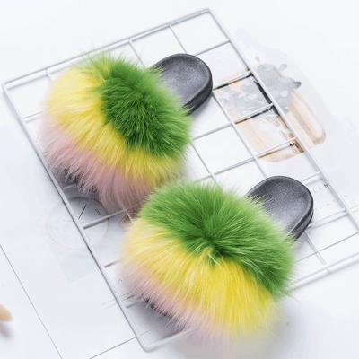 China Hot Sale Anti-Slippery Women Real Fox Fur Slippers/Sliders Home Comfort With Hairy Feathers/Summer Candy Flats Ladies Slides for sale