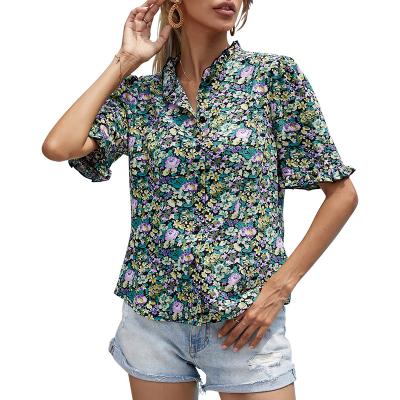 China OEM Breathable Chiffon Custom Made Shorts Sleeved Shirt For Women V-Neck Women Summer Floral Print Shirts for sale