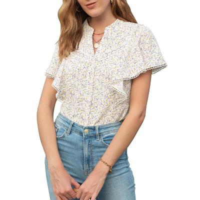 China Customized Breathable Summer Women Clothing Shorts Sleeve Women Chiffon Shirt Women Casual Ruffled Top Shirts for sale