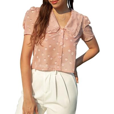 China Fashion Sweet Ladies Breathable Customized Blouse Top Short Shirt Dot Puff Short Sleeves Buttons Up Peter Pan Collar Women Crop Blouse for sale