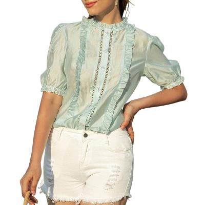 China Customized Breathable Soft Vintage Retro Women's Short Sleeve Blouse Ruffled Stand Neck Buttons Up Summer Blouses For Office Lady Women for sale