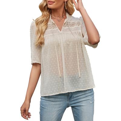 China Breathable Customize Women's Clothing Summer Women's Slim Half Sleeve Blouses Breathable Casual Transparent Top Women Shirts for sale