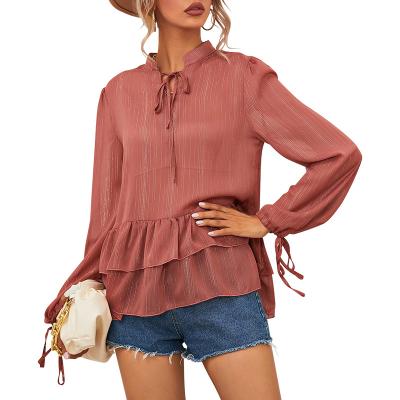 China Factory Customized Breathable Women Blouse Long Sleeve Office Lady Career Blouse Shirt Stand Collar Ruffled Casual Women Clothing for sale