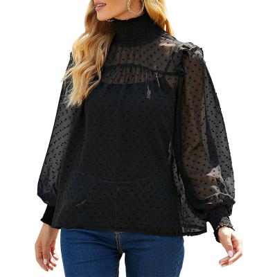 China Breathable Customized Mesh Transparent Long Sleeve Lantern Blouse Shirt Stand Collar Fashion Career Shirt Office Lady Women Lace Up Blouse for sale