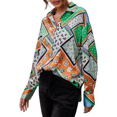 China Breathable Customized Women Clothing Turn-down Long Sleeve Collar Buttons Up Print Women Blouse Shirt Retro Vintage Casual Blouses for sale