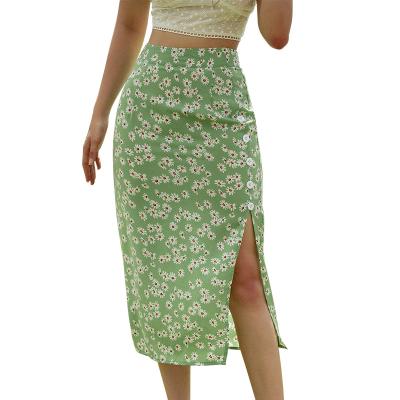 China Breathable OEM Factory Custom Made Women Dresses Floral Print Summer Chiffon Trims Buttons Up Dress Side Slit Skirt for sale