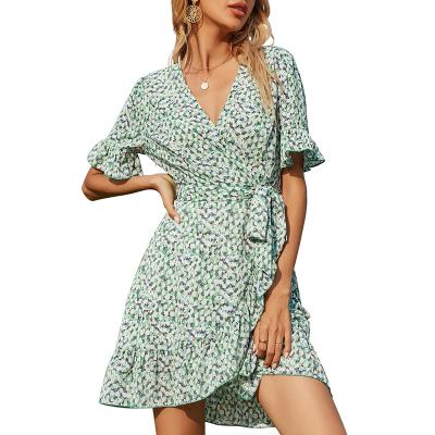 China Breathable Factory Customize Women Dresses Short V-Neck Print Sashes Wish Dress Summer Breathable Sleeve Dress for sale