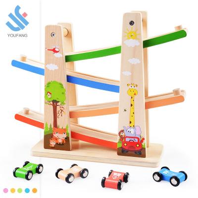 China New Slot Toy YF-Z2020 Forest Style Wooden Cars 4 Layer Toys OEM Ramp Classic Racer Car Wooden Sliding Toy for sale