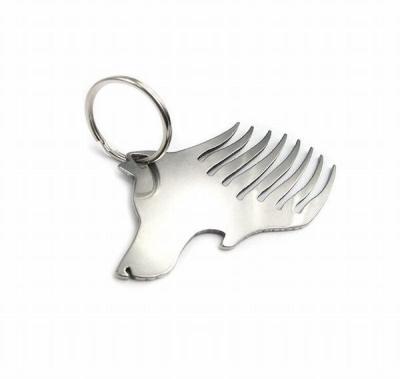 China Custom cool innovative men gift, engrave logo stainless steel animal wolf head keychain beard comb bottle opener for sale