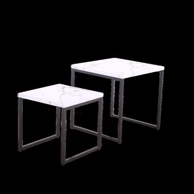 China Convertible Easy Assemble Bent Round End Table Metal Glass Marble Stone Side Nest Set Of 2 Nesting Coffee Table for sale