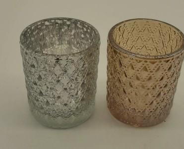 China 2 pcs Set Embossed Pattern Pink Glass Tealight Holders Bulk for Wedding for sale