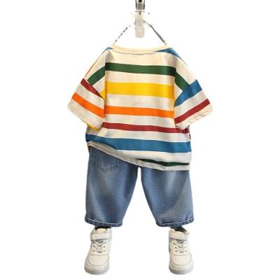 China 2023 summer Korean version of the new foreign trade casual children's suit of the fashionable rainbow stripe western style T-shirt short-sleeved jeans for sale